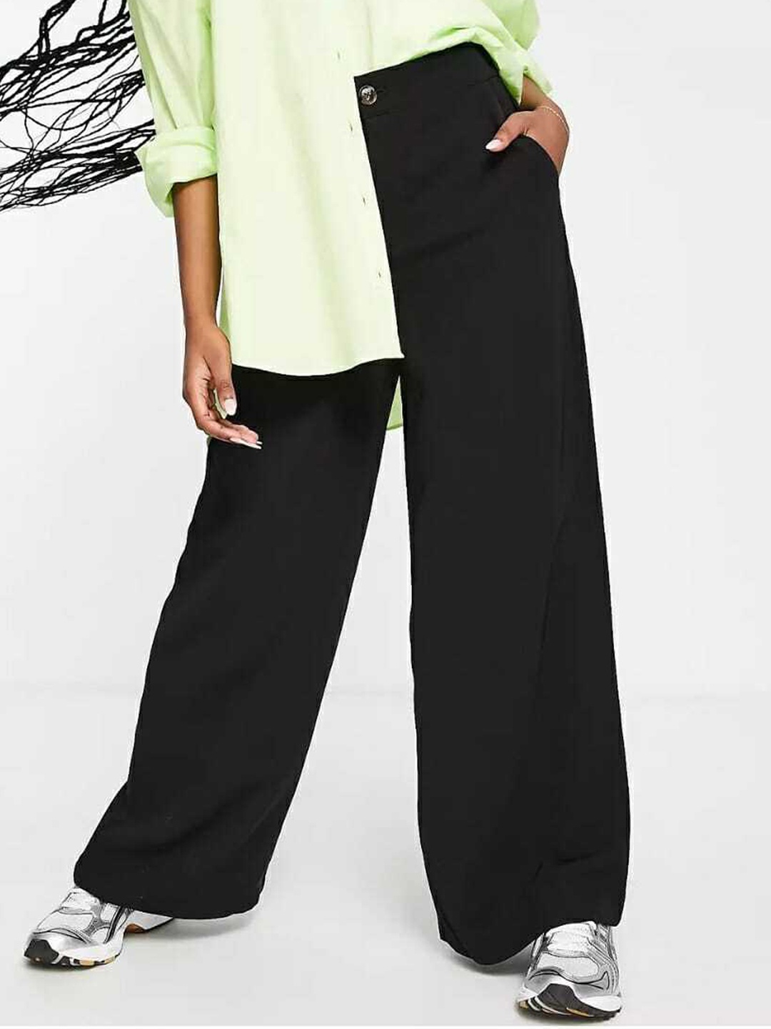 

Next One Women Black Relaxed Straight Leg Loose Fit High-Rise Easy Wash Trousers