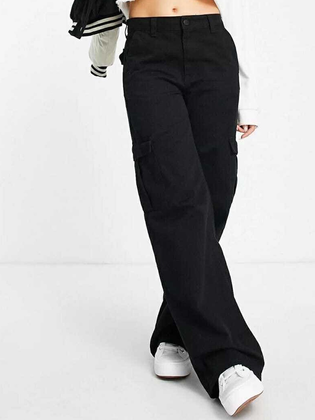 

Next One Women Black Relaxed Straight Leg Loose Fit High-Rise Easy Wash Cargos Trousers