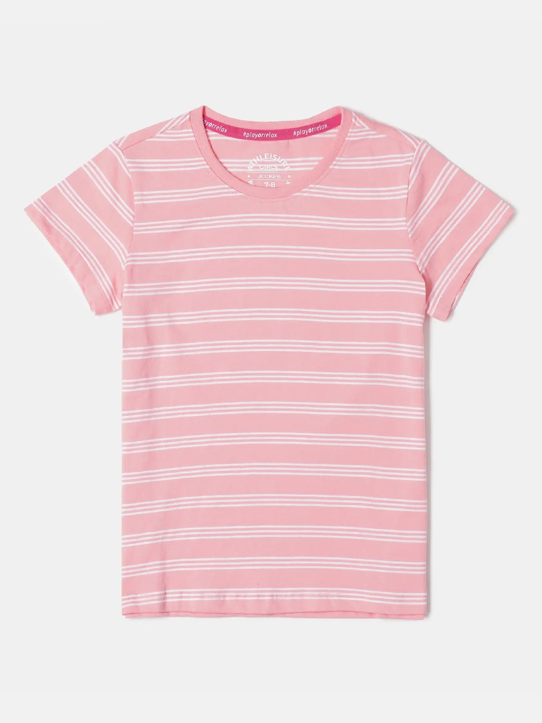 

Jockey Girls Super Combed Cotton Striped Short Sleeve Regular Fit Round Neck Tshirt-AG75, Pink