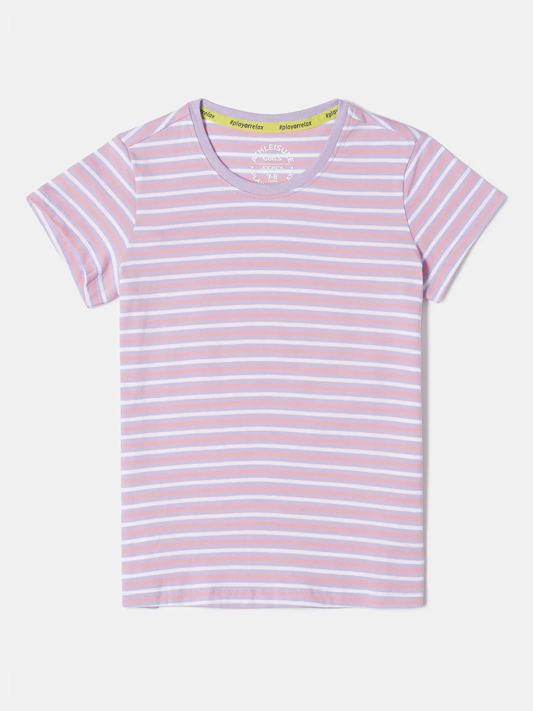 

Jockey Girls Super Combed Cotton Striped Short Sleeve Regular Fit Round Neck Tshirt-AG75, Mauve