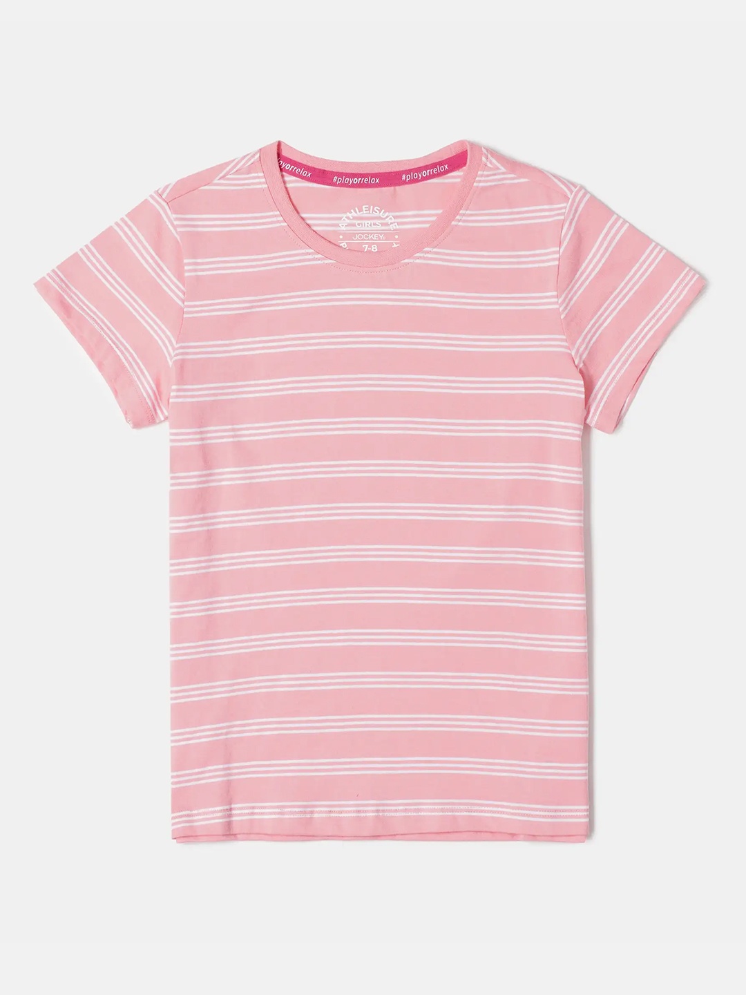 

Jockey Girls Super Combed Cotton Striped Short Sleeve Regular Fit Round Neck Tshirt-AG75, Pink
