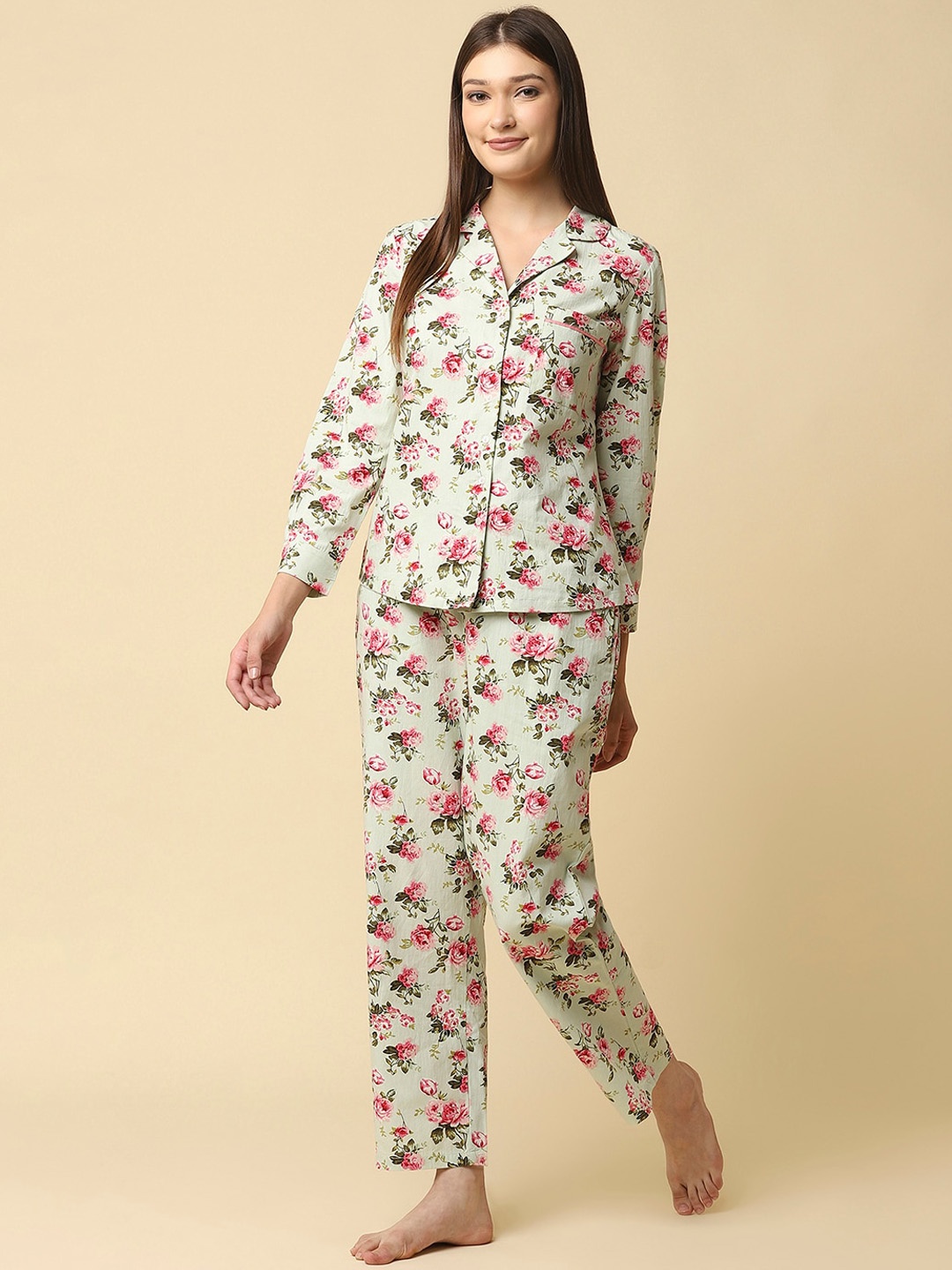 

RAASSIO Women Floral Printed Night Suit, Green