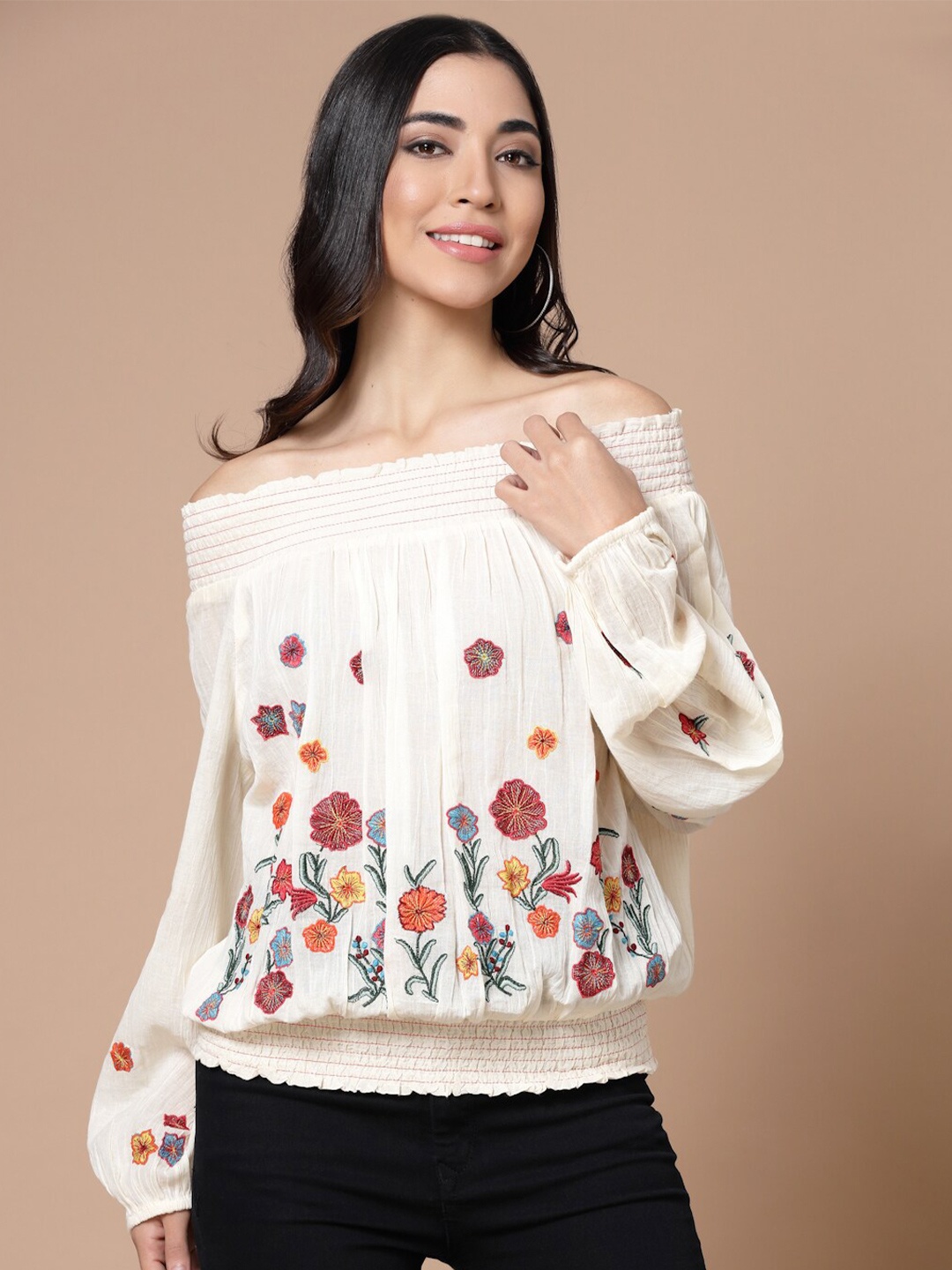 

HOUSE OF KKARMA Women Cream-Coloured Floral Embroidered Smocked Pure Cotton Bardot Top