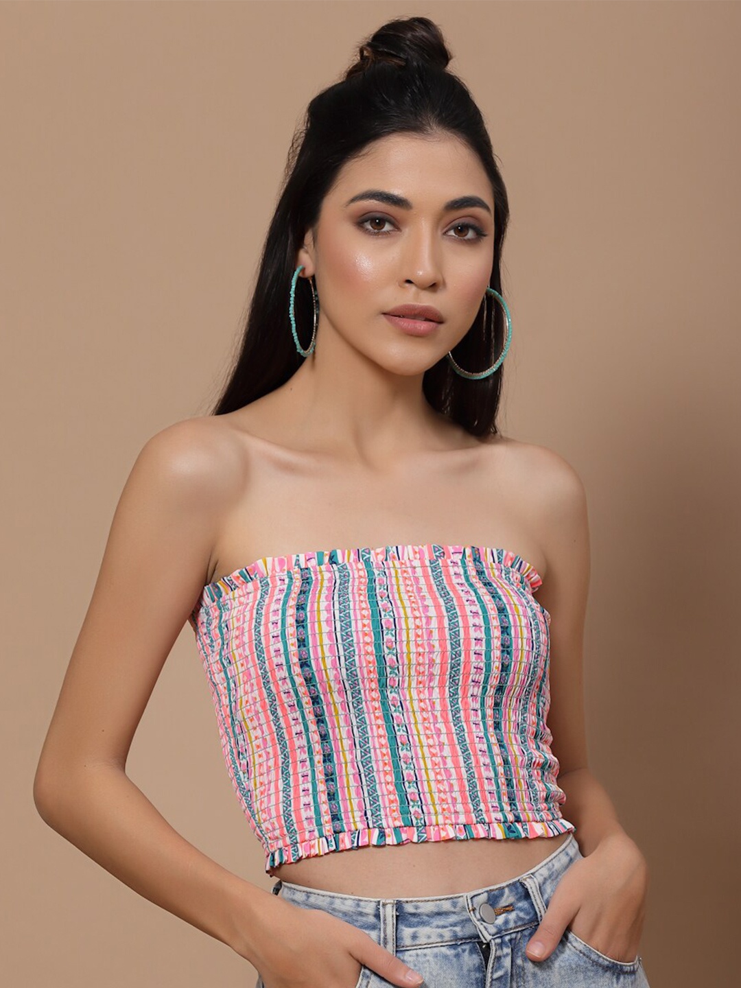 

HOUSE OF KKARMA Pink Geometric Print Crepe Tube Crop Top