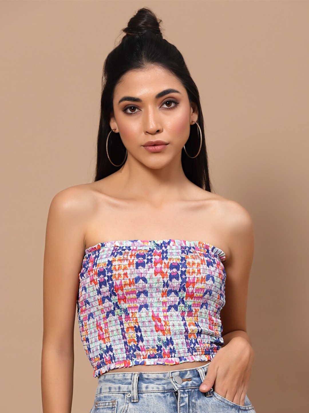 

HOUSE OF KKARMA Women Blue Print Crepe Tube Crop Top