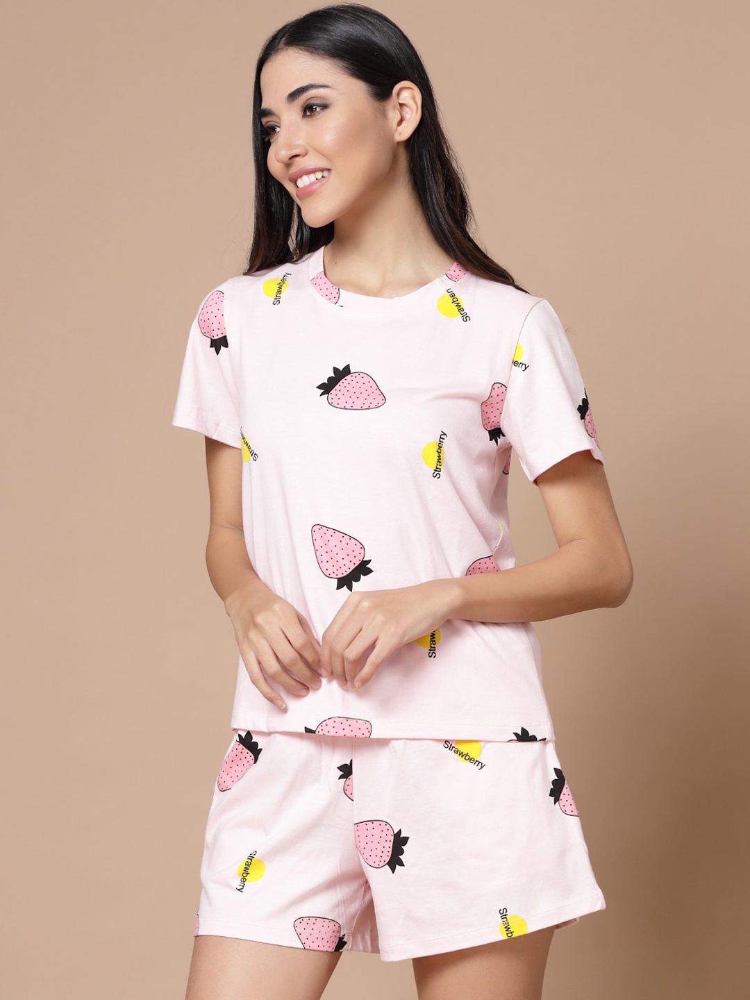 

HOUSE OF KKARMA Women Pink & Yellow Printed Cotton Night suit