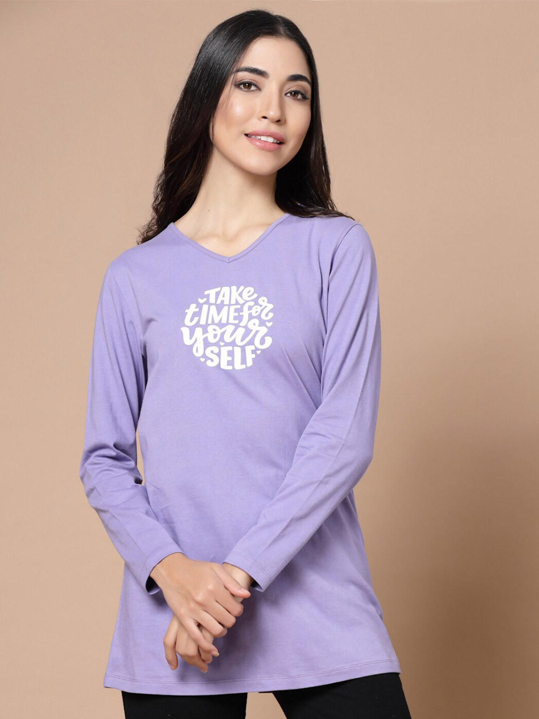 

HOUSE OF KKARMA Women Purple Typography V-Neck Oversized Cotton T-shirt