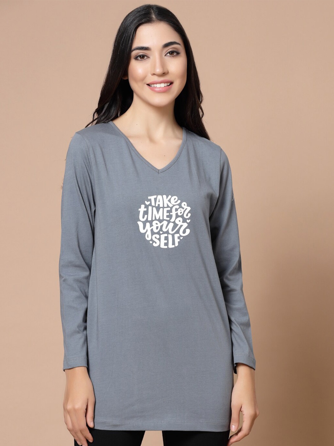 

HOUSE OF KKARMA Women Grey Typography V-Neck Oversized Cotton T-shirt