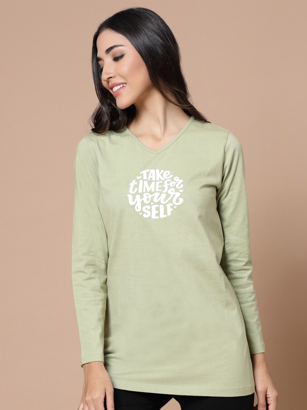 

HOUSE OF KKARMA Women Green Typography Printed Oversized Cotton T-shirt