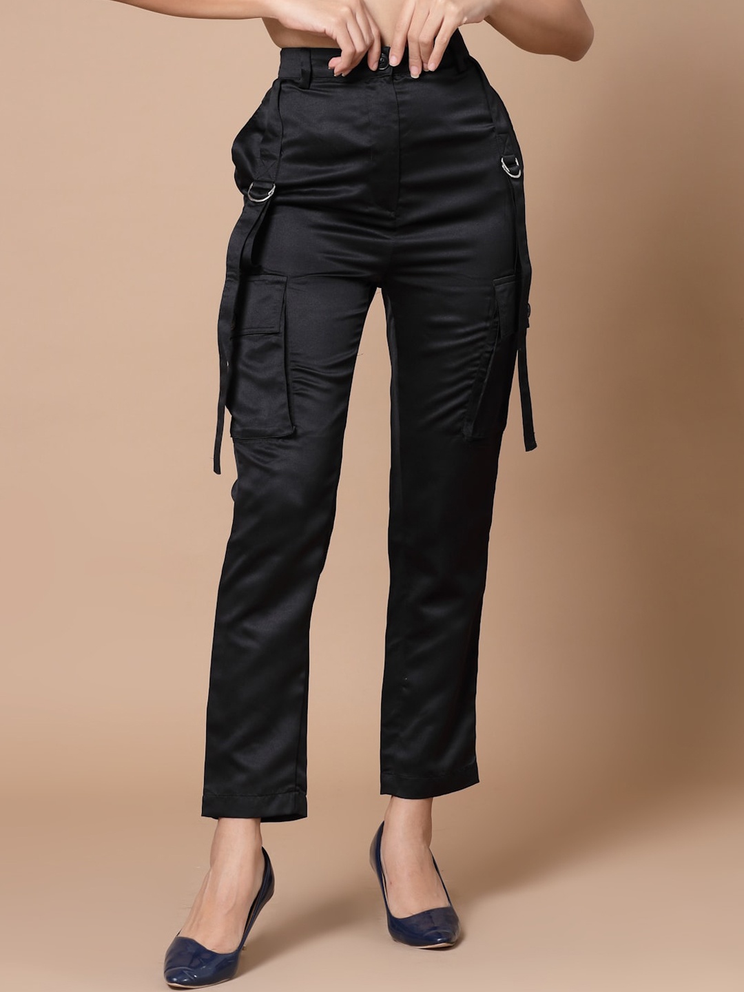 

HOUSE OF KKARMA Women Black Smart Slim Fit Cargos Trousers