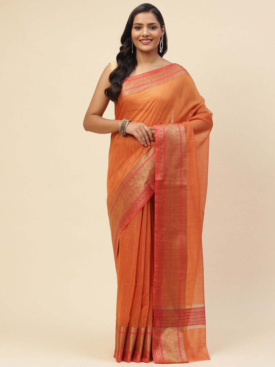 

Meena Bazaar Women Orange & Gold-Toned Woven Design Zari Pure Cotton Saree