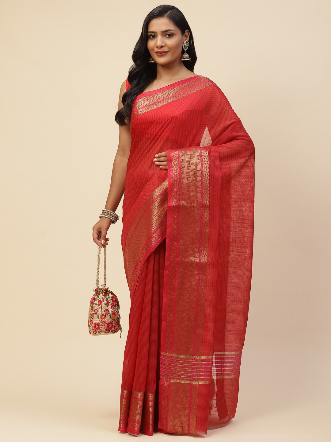 

Meena Bazaar Women Red & Gold-Toned Woven Design Zari Pure Cotton Saree