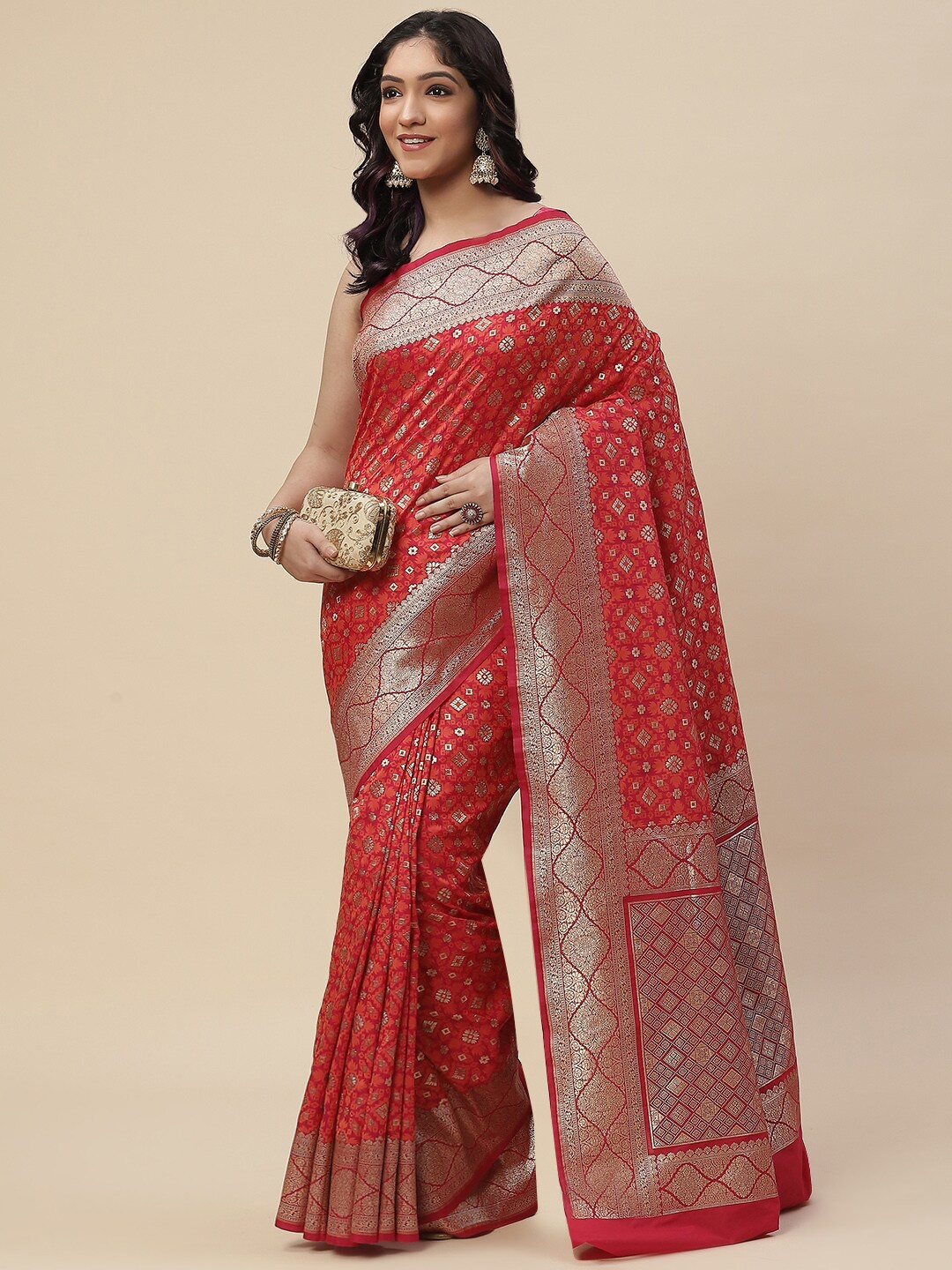 

Meena Bazaar Women Pink & Silver-Toned Woven Design Zari Art Silk Banarasi Saree