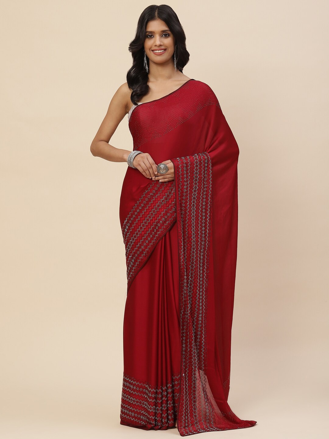 

Meena Bazaar Women Maroon & Silver-Toned Embellished Beads and Stones Saree