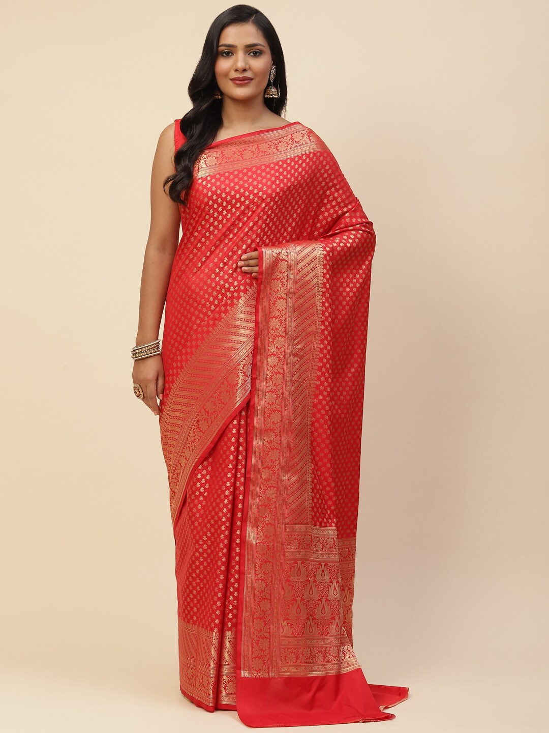 

Meena Bazaar Red & Gold-Toned Ethnic Motifs Zari Pure Cotton Saree