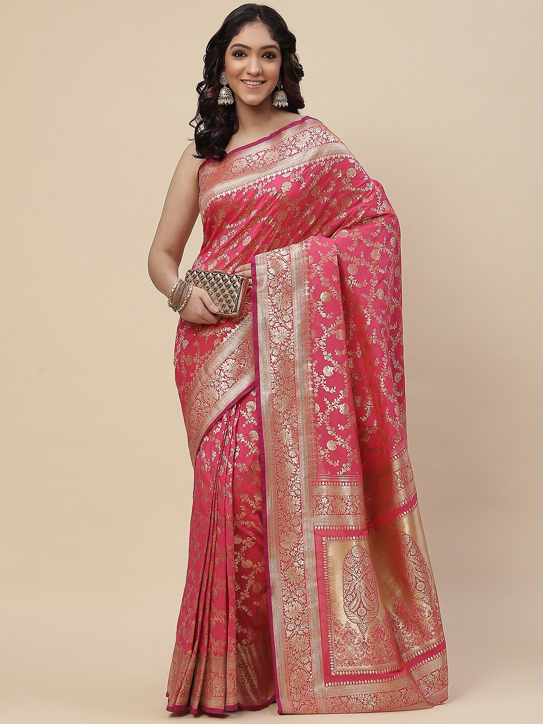 

Meena Bazaar Women Pink & Gold-Toned Floral Zari Art Silk Banarasi Saree