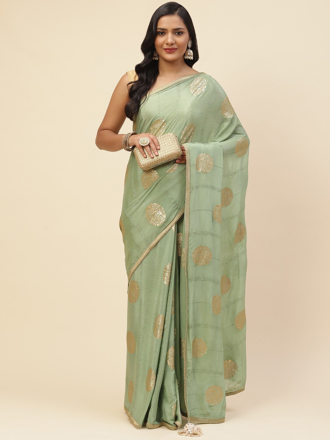 

Meena Bazaar Women Green & Gold-Toned Woven Design Zari Saree