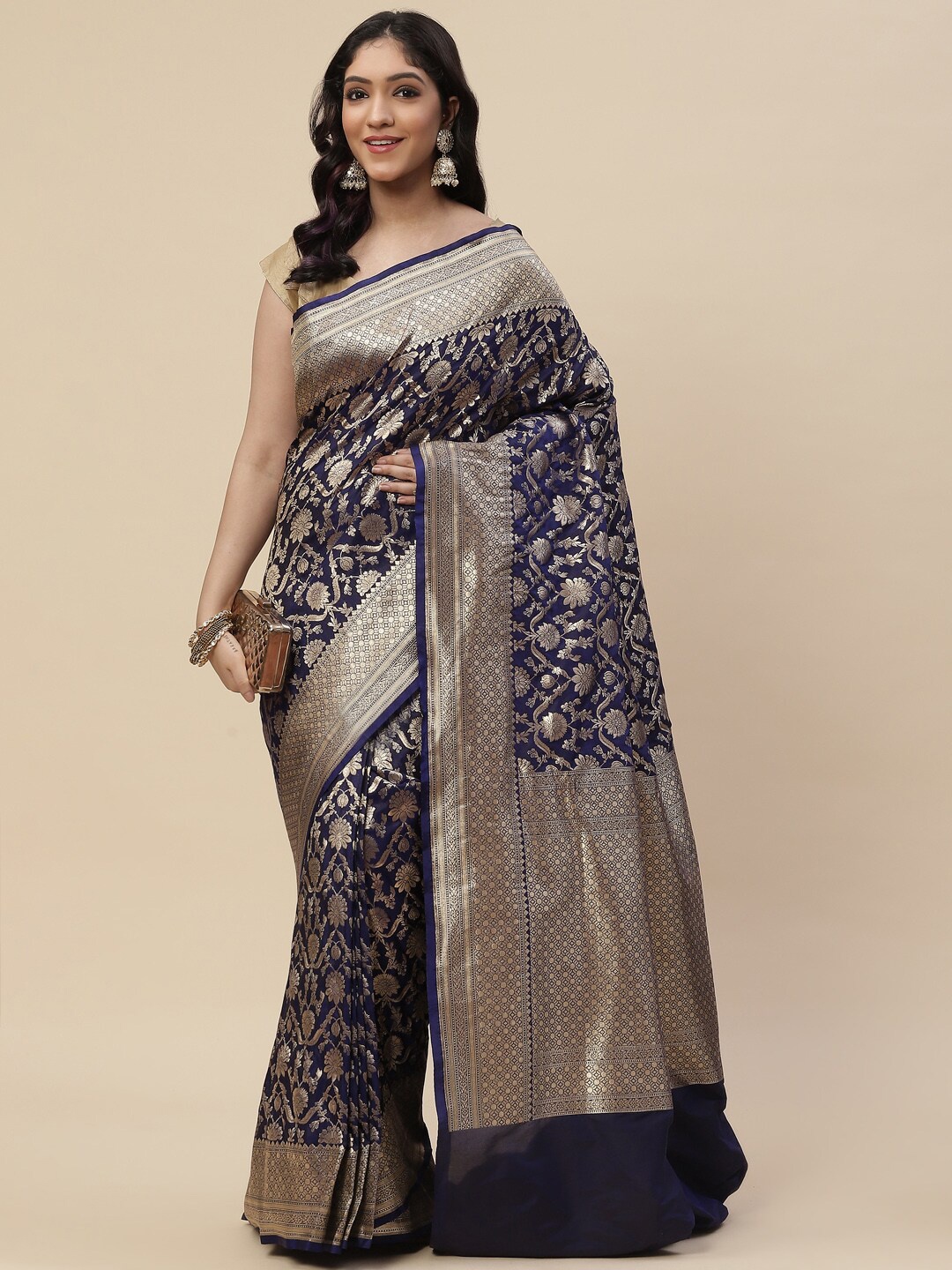 

Meena Bazaar Women Navy Blue & Gold-Toned Floral Zari Art Silk Banarasi Saree
