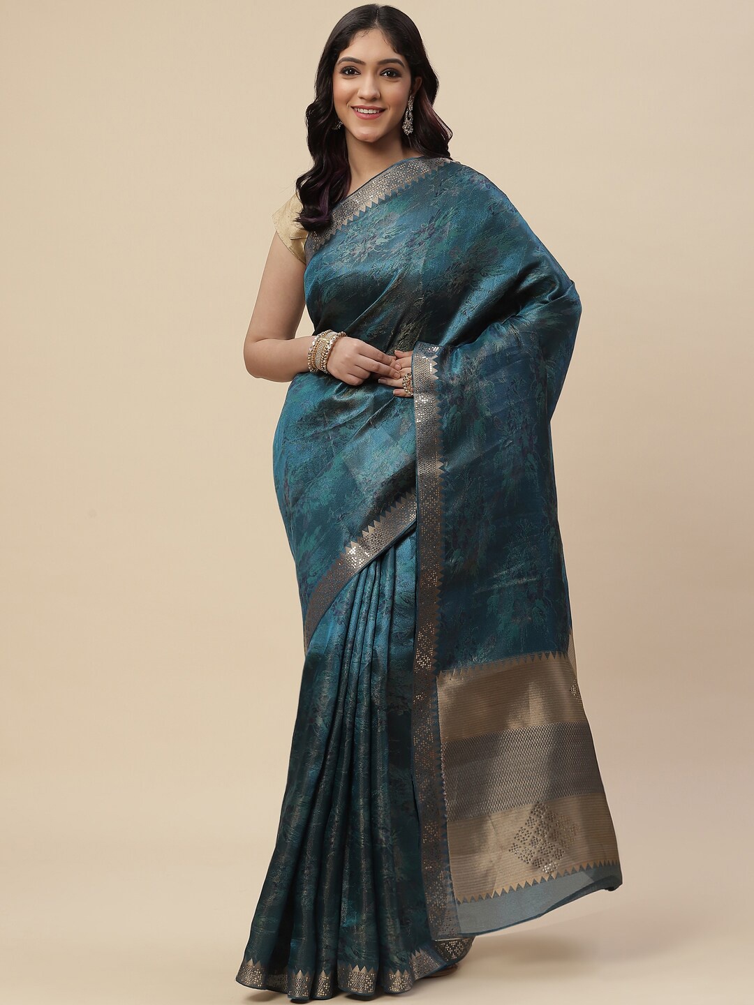 

Meena Bazaar Women Blue & Gold-Toned Woven Design Zari Art Silk Banarasi Saree
