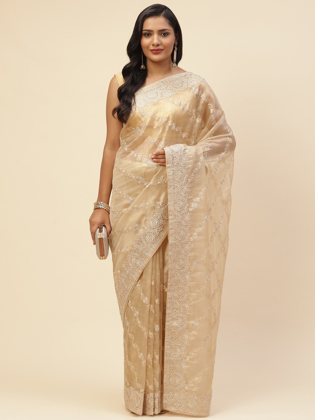 

Meena Bazaar Beige Floral Embroidered Art Silk Banarasi Saree
