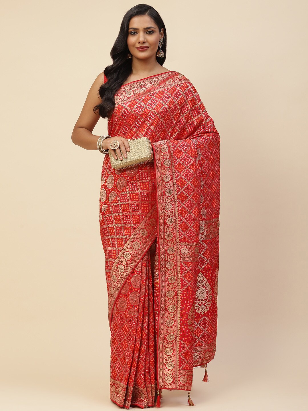 

Meena Bazaar Women Red & Gold-Toned Art Silk Banarasi Saree
