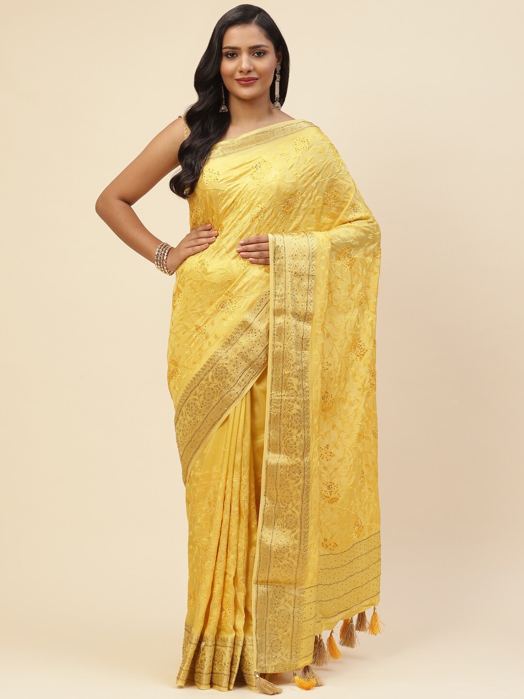 

Meena Bazaar Mustard Floral Art Silk Saree