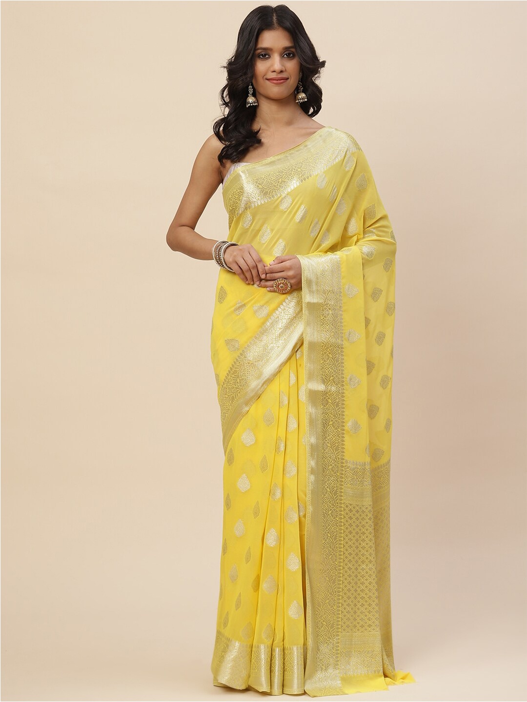 

Meena Bazaar Women Yellow & Gold-Toned Woven Design Zari Saree