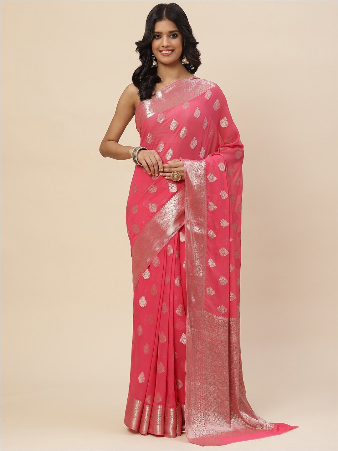 

Meena Bazaar Women Fuchsia & Silver-Toned Woven Design Zari Saree