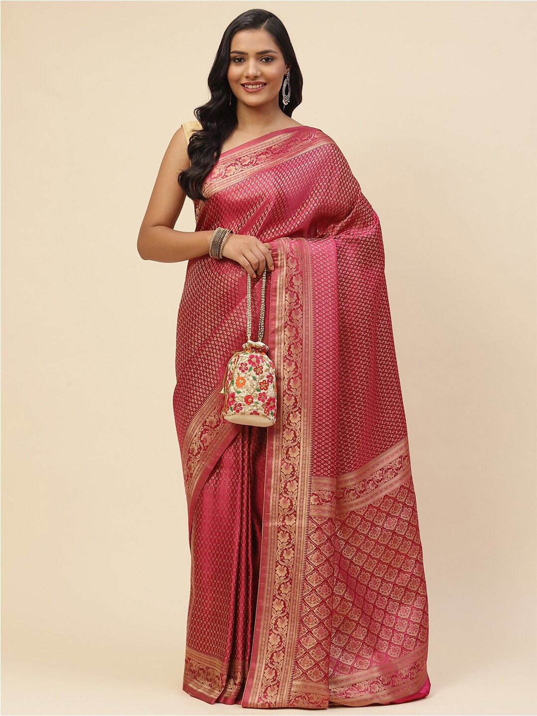 

Meena Bazaar Women Burgundy & Gold-Toned Floral Zari Satin Saree