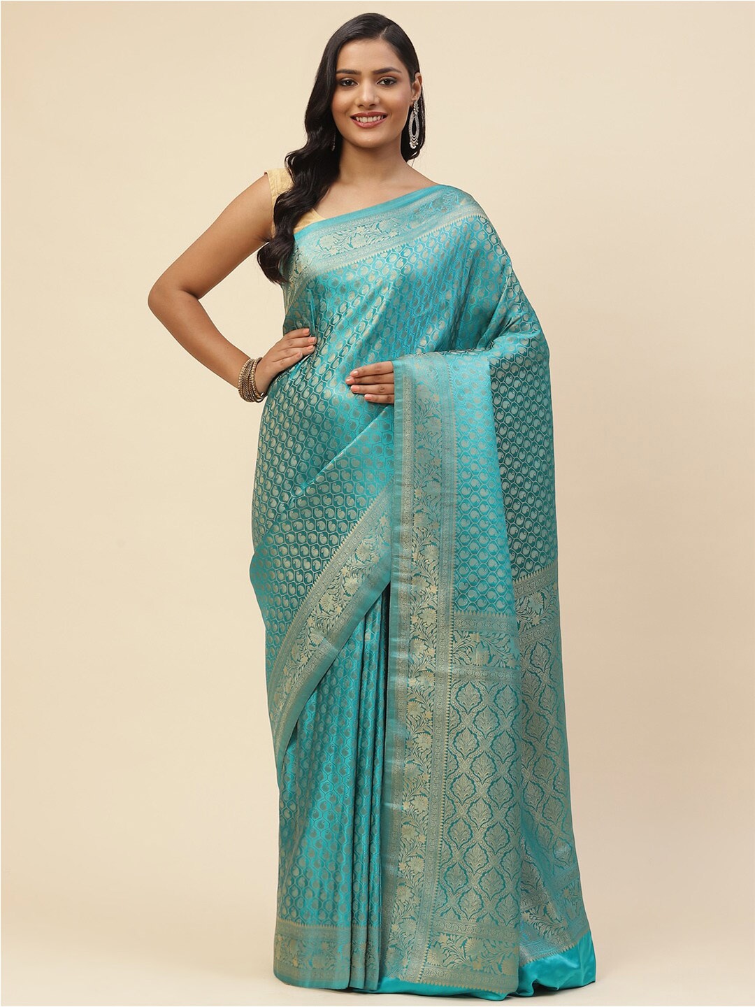 

Meena Bazaar Women Blue & Gold-Toned Floral Zari Satin Saree