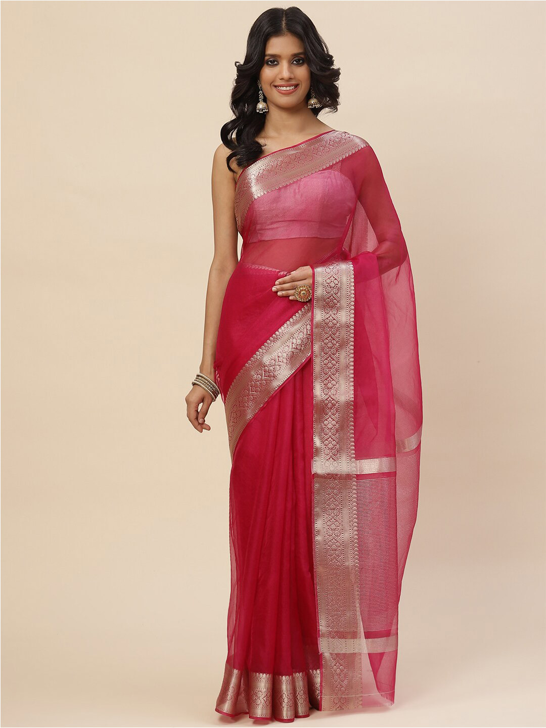 

Meena Bazaar Women Burgundy & Silver-Toned Organza Saree