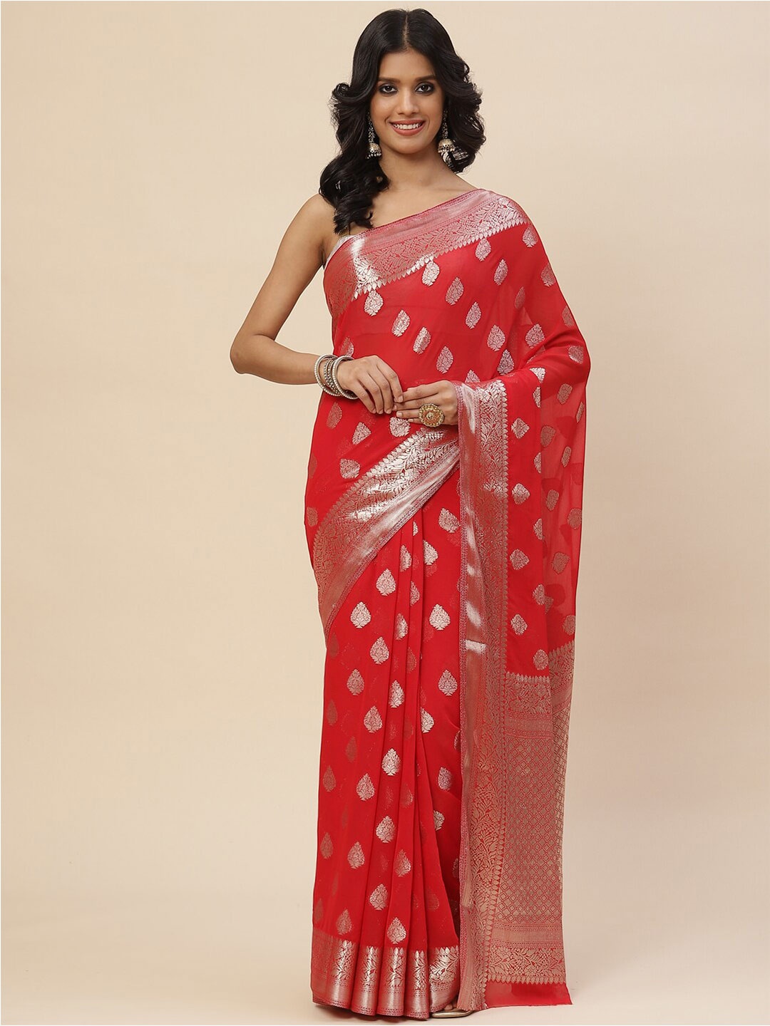 

Meena Bazaar Women Red & Silver-Toned Woven Design Zari Saree