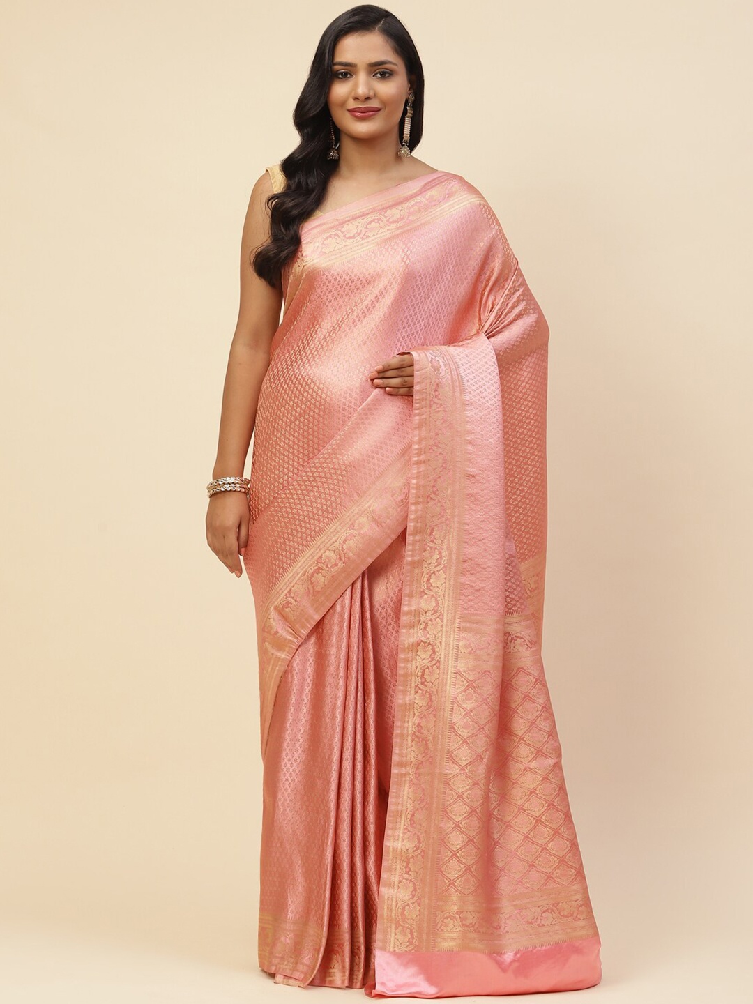 

Meena Bazaar Women Peach-Coloured & Gold-Toned Woven Design Zari Satin Saree