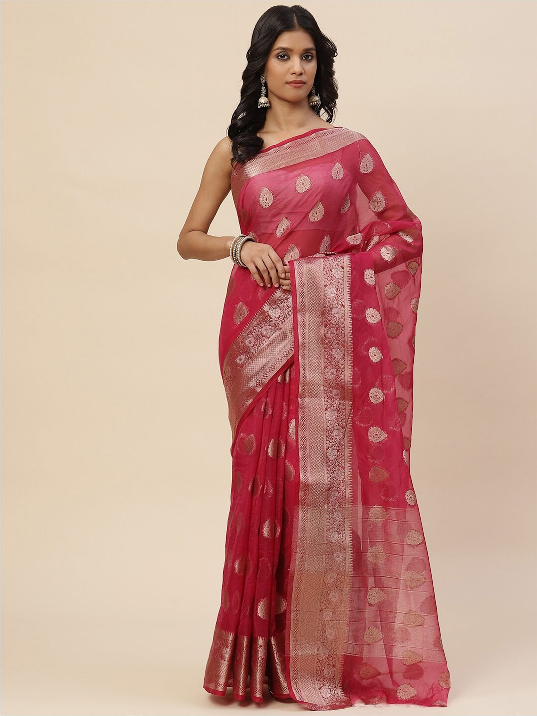 

Meena Bazaar Burgundy & Gold-Toned Woven Design Zari Organza Saree