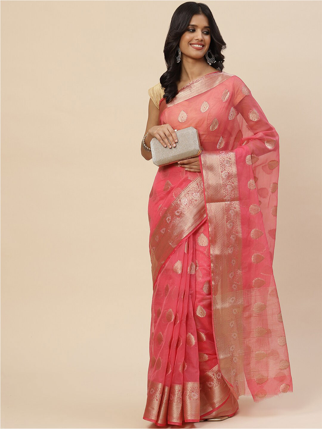 

Meena Bazaar Pink & Gold-Toned Woven Design Zari Organza Saree