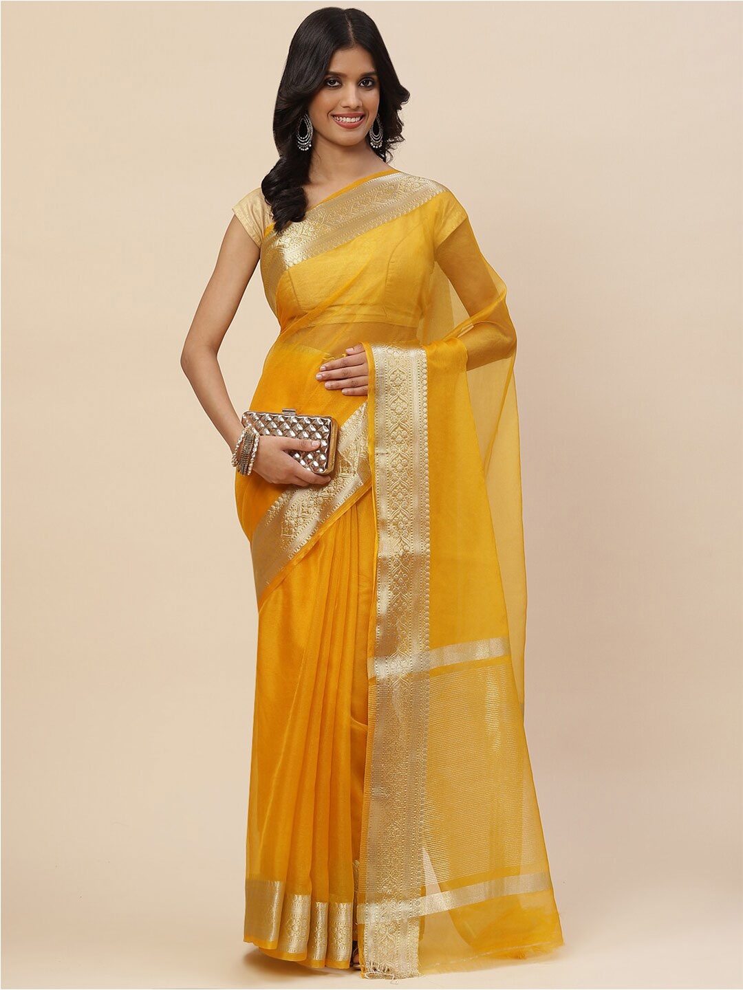 

Meena Bazaar Women Mustard & Gold-Toned Zari Organza Saree