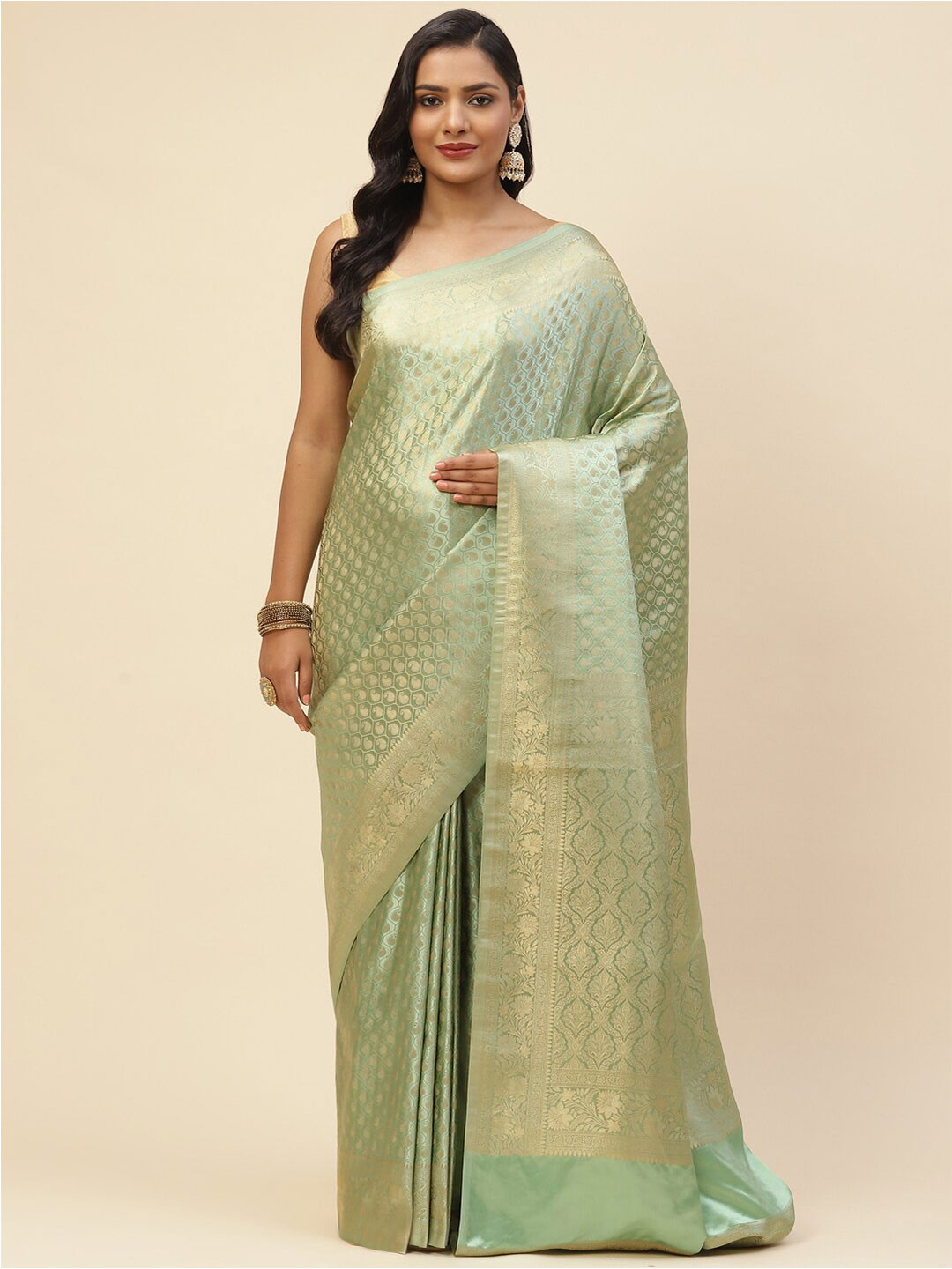 

Meena Bazaar Women Green & Gold-Toned Woven Design Zari Satin Saree