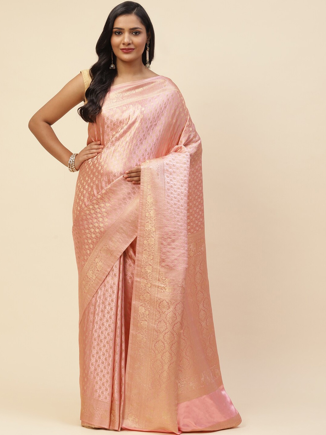 

Meena Bazaar Women Peach-Coloured & Gold-Toned Woven Design Zari Satin Saree