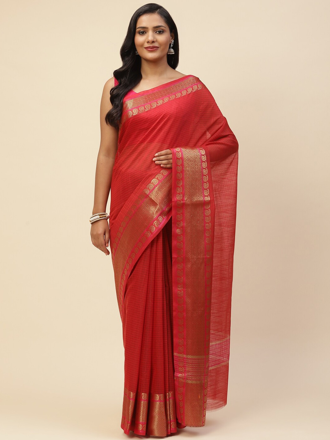 

Meena Bazaar Women Red & Gold-Toned Striped Zari Pure Cotton Saree