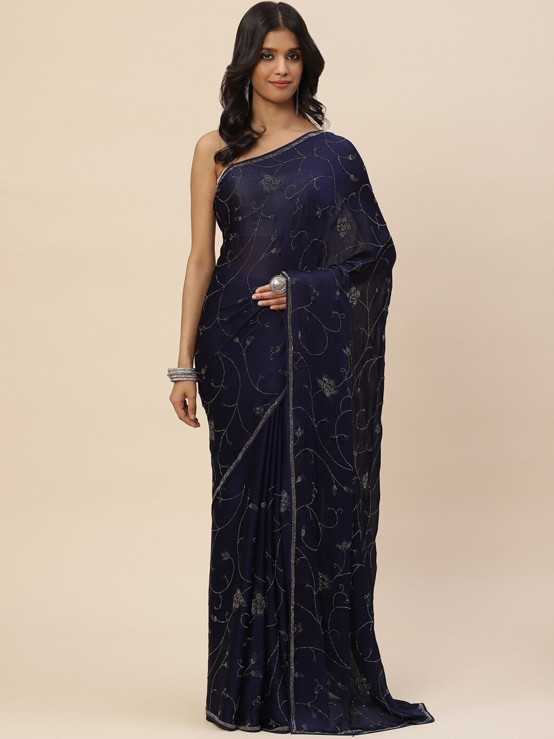 

Meena Bazaar Women Navy Blue & Gold-Toned Floral Embroidered Saree