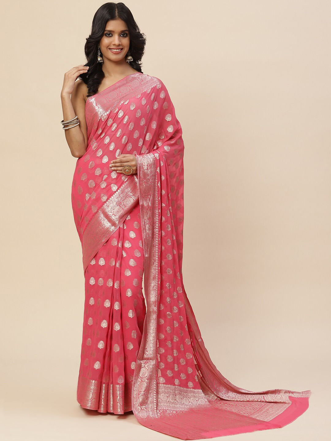 

Meena Bazaar Women Pink & Silver-Toned Woven Design Zari Saree