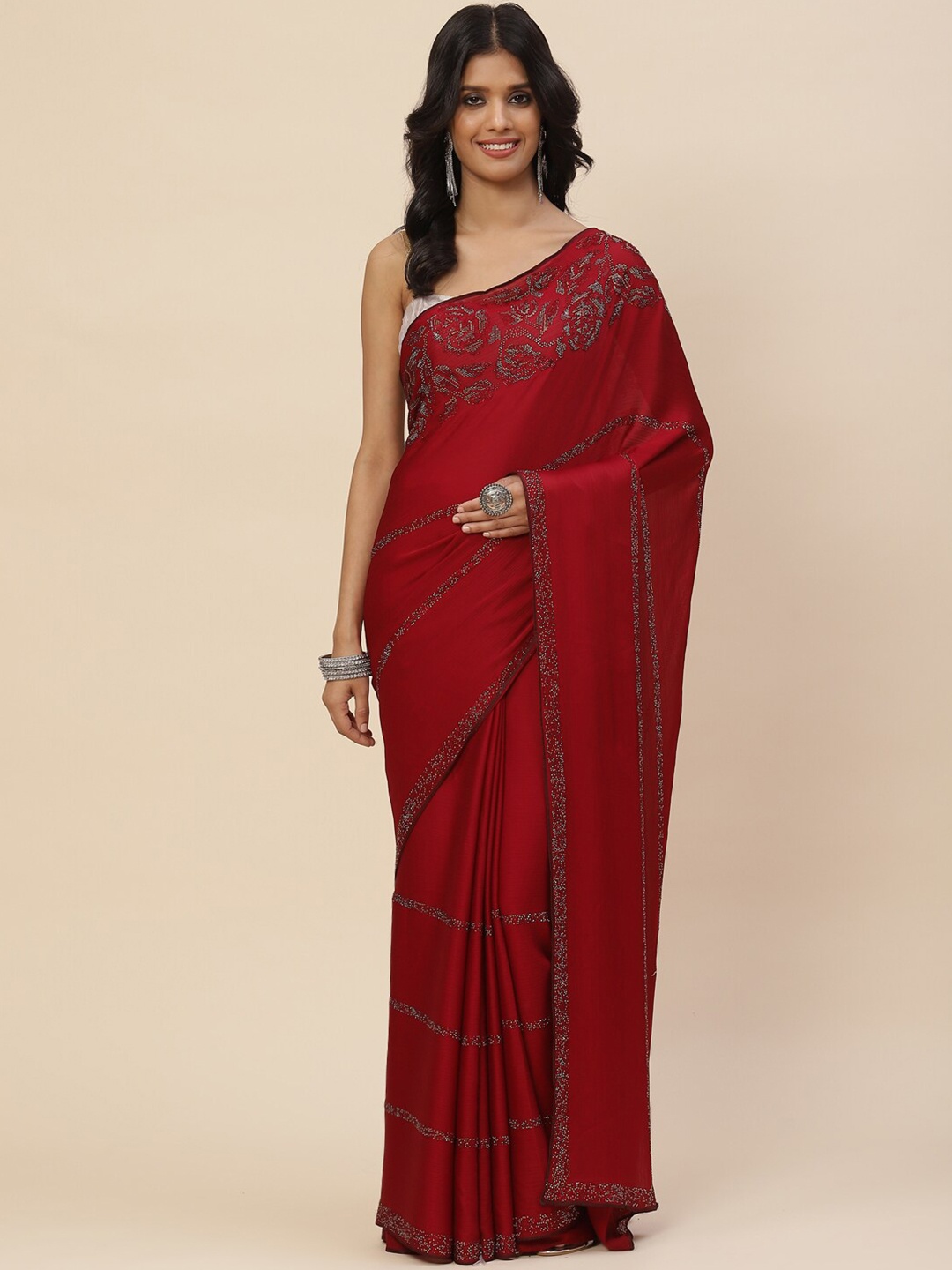 

Meena Bazaar Women Maroon & Silver-Toned Floral Embroidered Saree