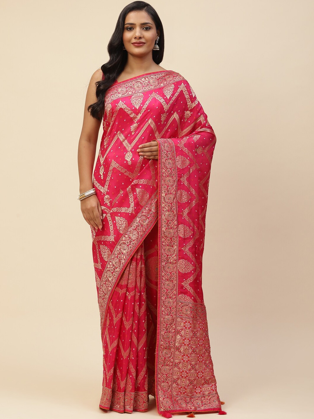 

Meena Bazaar Pink & Gold-Toned Floral Zari Art Silk Banarasi Saree