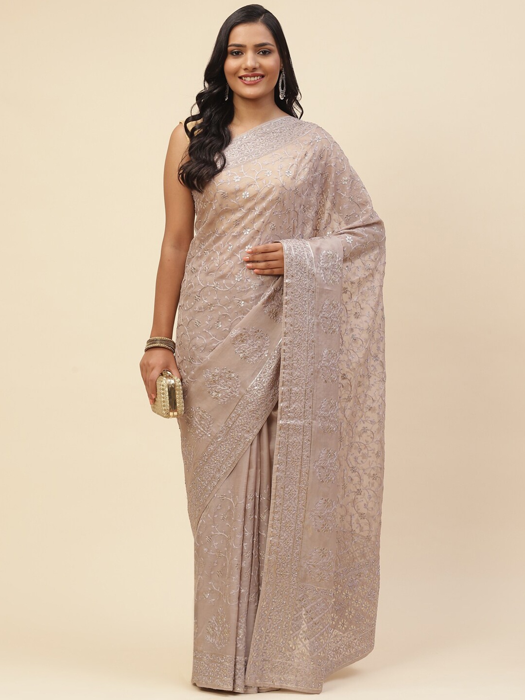 

Meena Bazaar Women Beige & Silver-Toned Floral Embroidered Organza Saree