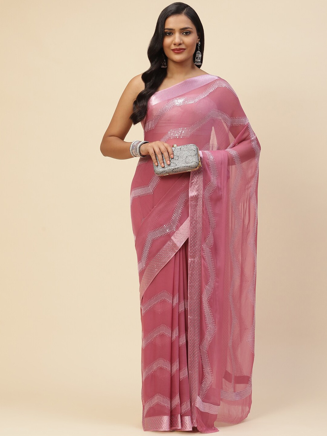 

Meena Bazaar Women Purple & Silver-Toned Zari Saree