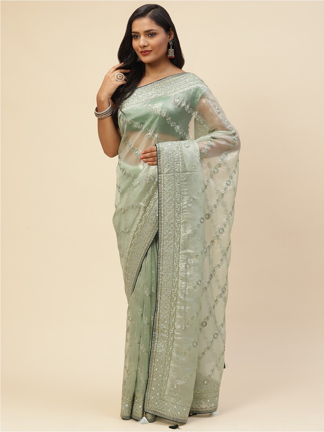 

Meena Bazaar Women Sea Green & Silver-Toned Floral Embroidered Organza Saree