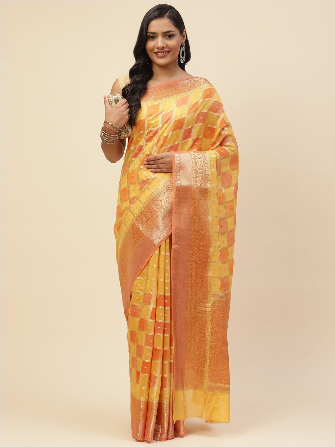 

Meena Bazaar Women Yellow & Orange Woven Design Zari Pure Cotton Saree