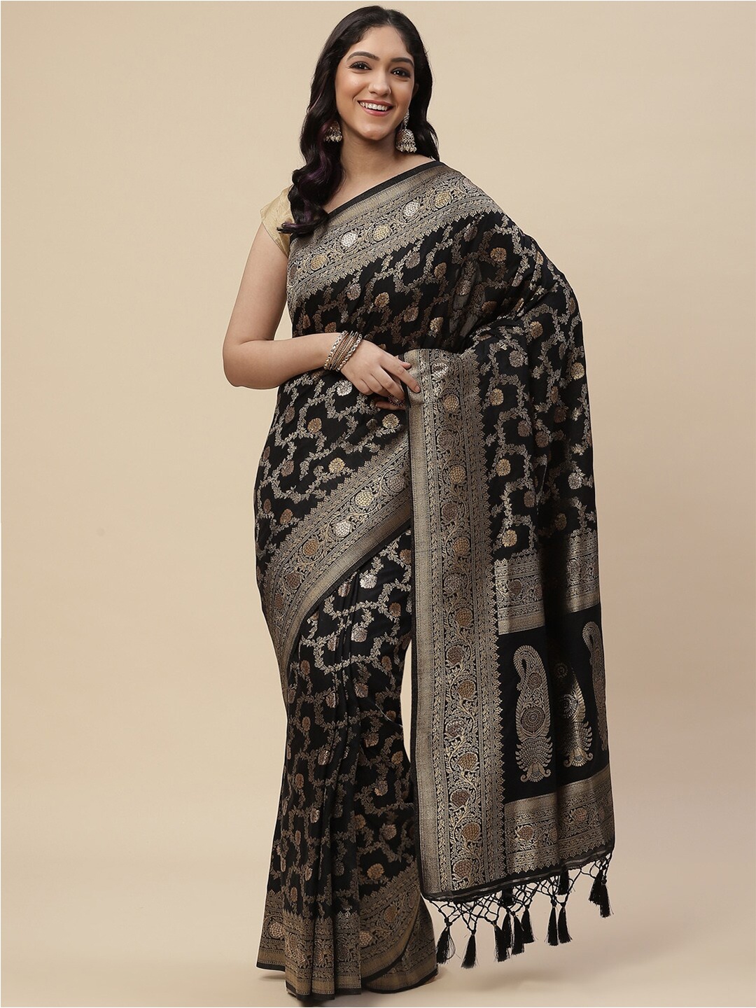 

Meena Bazaar Women Black & Gold-Toned Floral Art Silk Saree