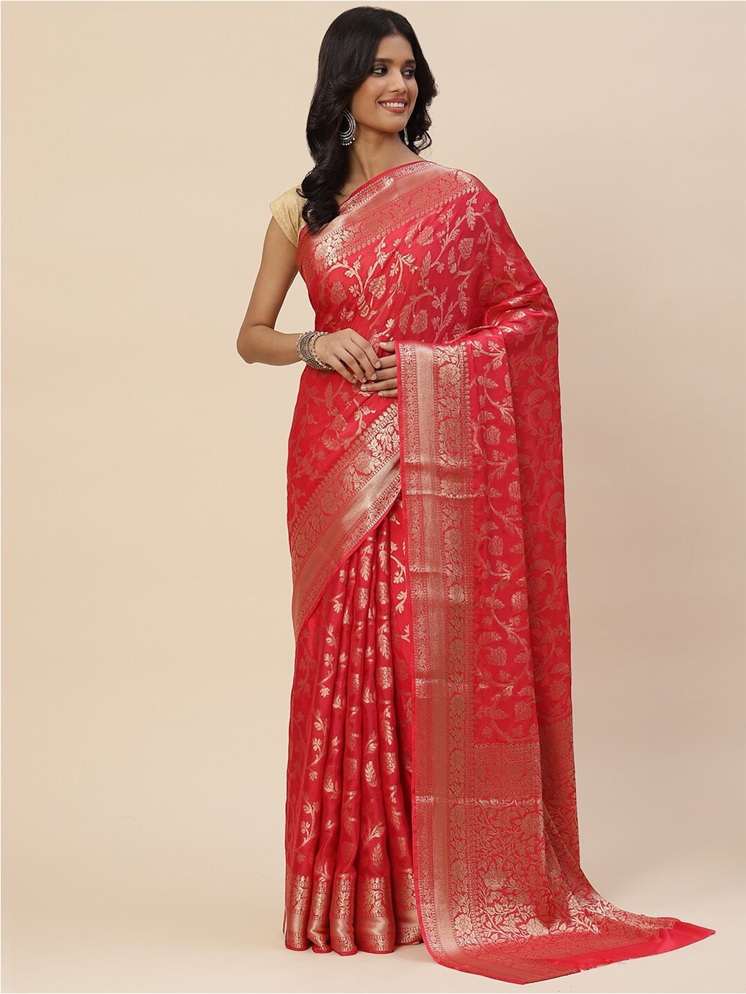 

Meena Bazaar Women Pink & Gold-Toned Floral Zari Saree