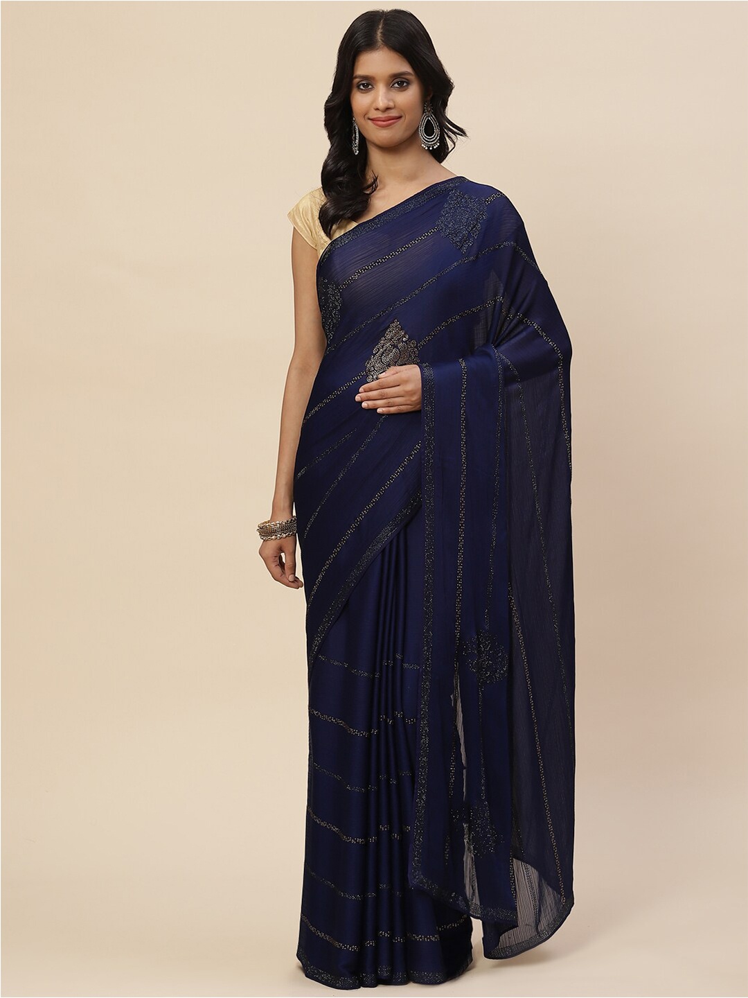 

Meena Bazaar Women Navy Blue & Gold-Toned Embellished Beads and Stones Saree